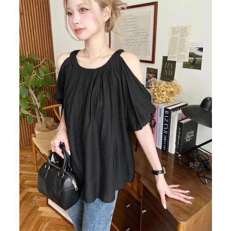 フロントタック半袖リボン肩開きブラウス | moment+ | 詳細画像3 