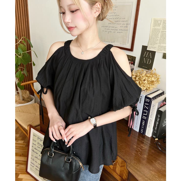 フロントタック半袖リボン肩開きブラウス | moment+ | 詳細画像4 