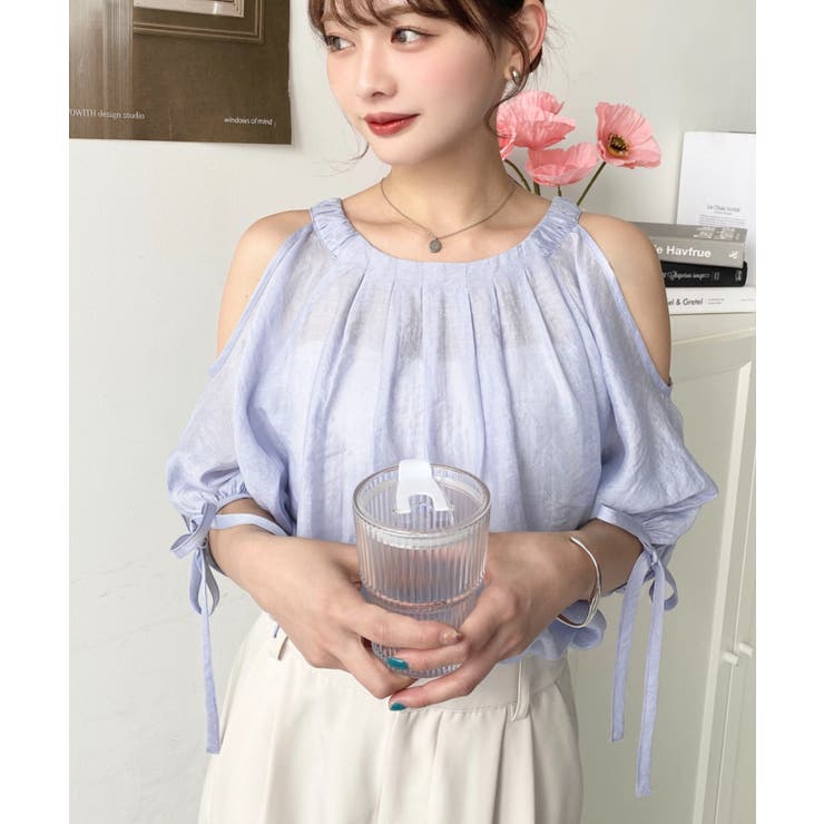 フロントタック半袖リボン肩開きブラウス | moment+ | 詳細画像5 