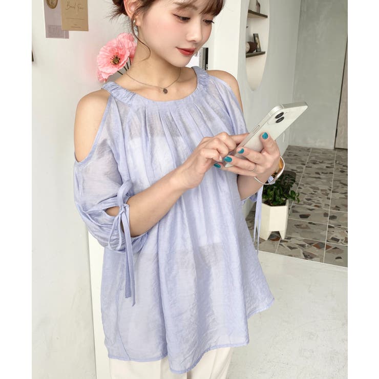 フロントタック半袖リボン肩開きブラウス | moment+ | 詳細画像7 