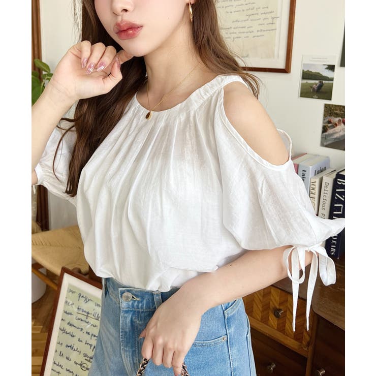 フロントタック半袖リボン肩開きブラウス | moment+ | 詳細画像9 