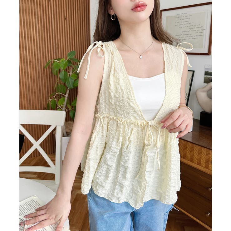 ポコポコチェックショルダーリボンペプラムベスト | moment+ | 詳細画像20 