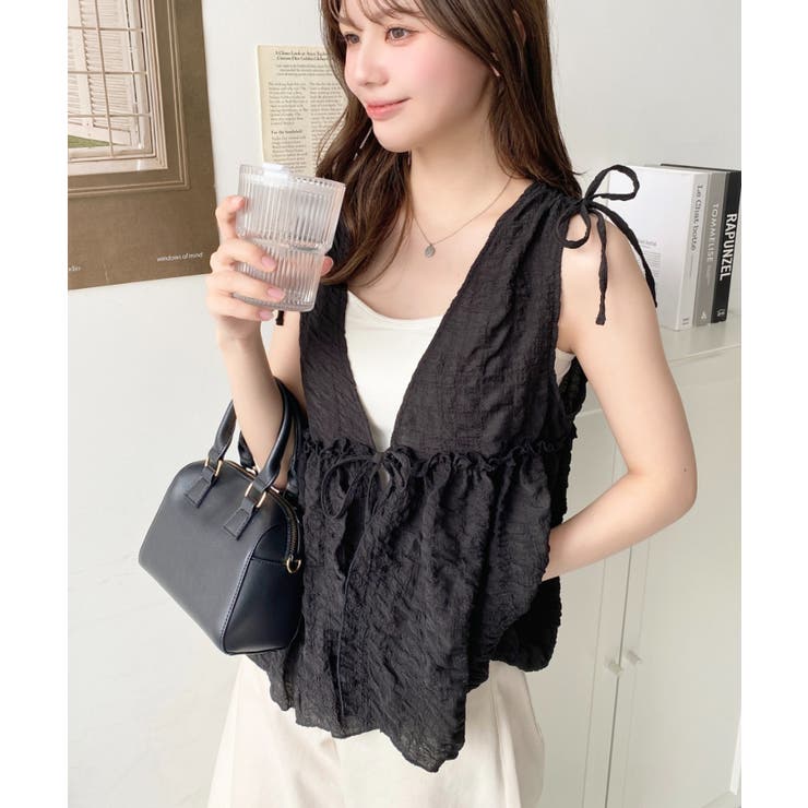 ポコポコチェックショルダーリボンペプラムベスト | moment+ | 詳細画像21 