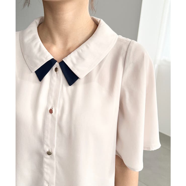 シフォンジョーゼットフレアスリーブ配色ダブルカラー半袖ブラウス | moment+ | 詳細画像11 