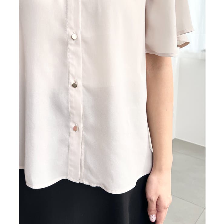 シフォンジョーゼットフレアスリーブ配色ダブルカラー半袖ブラウス | moment+ | 詳細画像12 