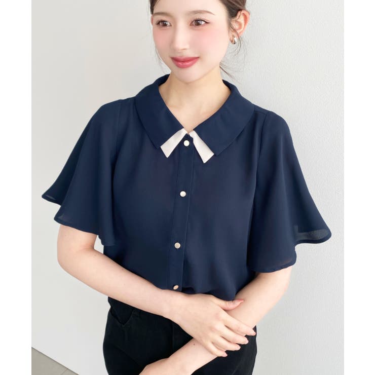 シフォンジョーゼットフレアスリーブ配色ダブルカラー半袖ブラウス | moment+ | 詳細画像15 