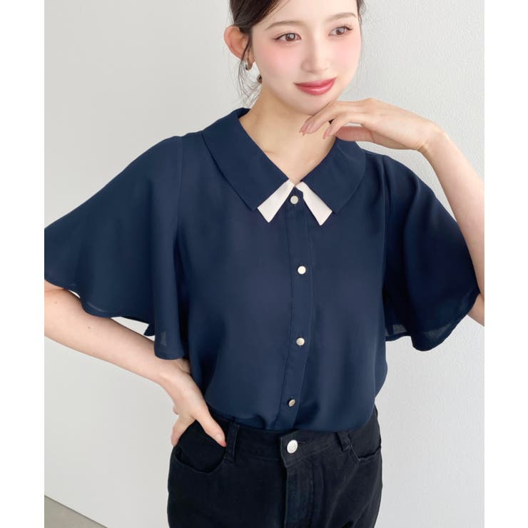 シフォンジョーゼットフレアスリーブ配色ダブルカラー半袖ブラウス | moment+ | 詳細画像16 