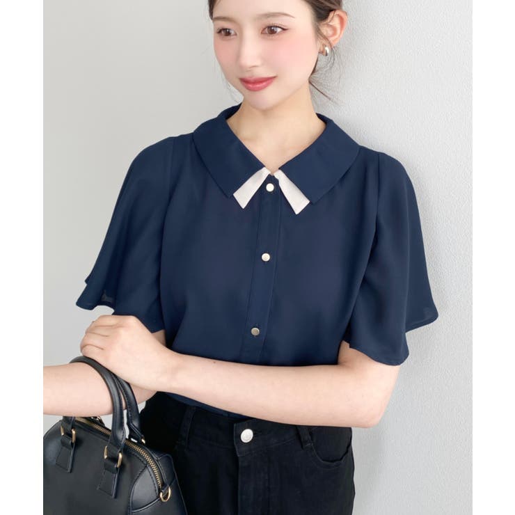 シフォンジョーゼットフレアスリーブ配色ダブルカラー半袖ブラウス | moment+ | 詳細画像17 