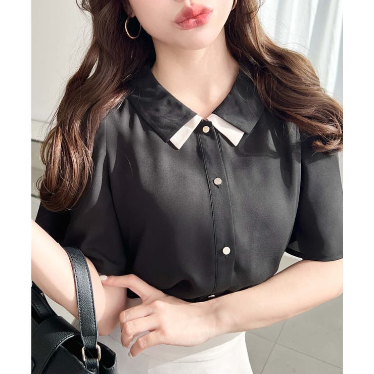 シフォンジョーゼットフレアスリーブ配色ダブルカラー半袖ブラウス | moment+ | 詳細画像19 