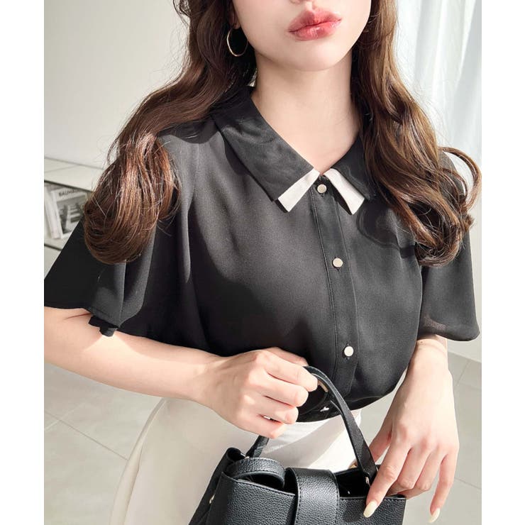 シフォンジョーゼットフレアスリーブ配色ダブルカラー半袖ブラウス | moment+ | 詳細画像20 