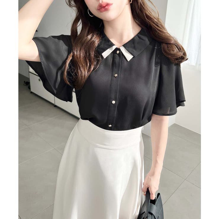 シフォンジョーゼットフレアスリーブ配色ダブルカラー半袖ブラウス | moment+ | 詳細画像21 