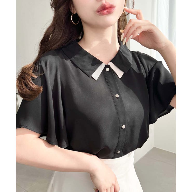 シフォンジョーゼットフレアスリーブ配色ダブルカラー半袖ブラウス | moment+ | 詳細画像22 