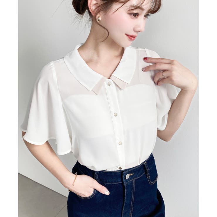 シフォンジョーゼットフレアスリーブ配色ダブルカラー半袖ブラウス | moment+ | 詳細画像3 