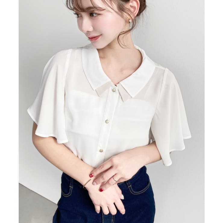 シフォンジョーゼットフレアスリーブ配色ダブルカラー半袖ブラウス | moment+ | 詳細画像4 