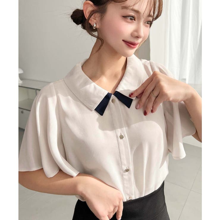 シフォンジョーゼットフレアスリーブ配色ダブルカラー半袖ブラウス | moment+ | 詳細画像5 