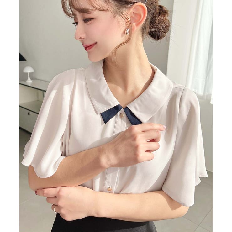 シフォンジョーゼットフレアスリーブ配色ダブルカラー半袖ブラウス | moment+ | 詳細画像7 