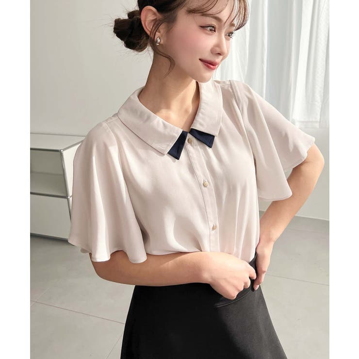 シフォンジョーゼットフレアスリーブ配色ダブルカラー半袖ブラウス | moment+ | 詳細画像8 