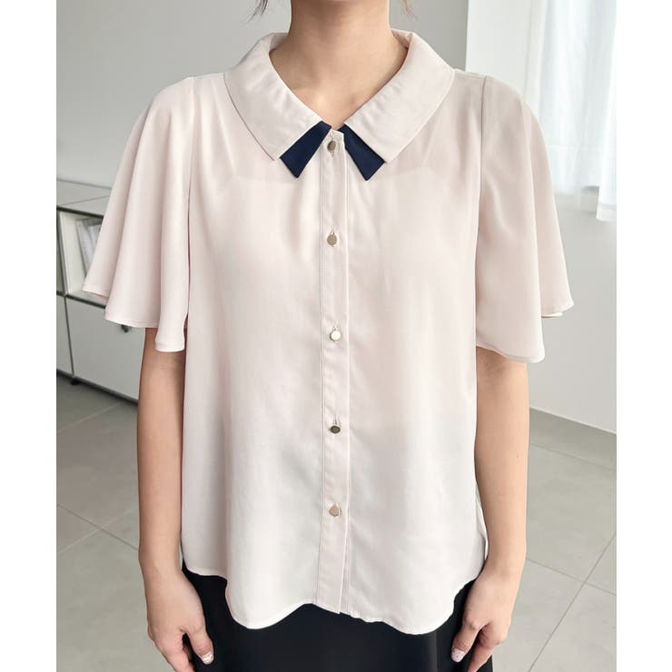 シフォンジョーゼットフレアスリーブ配色ダブルカラー半袖ブラウス | moment+ | 詳細画像9 