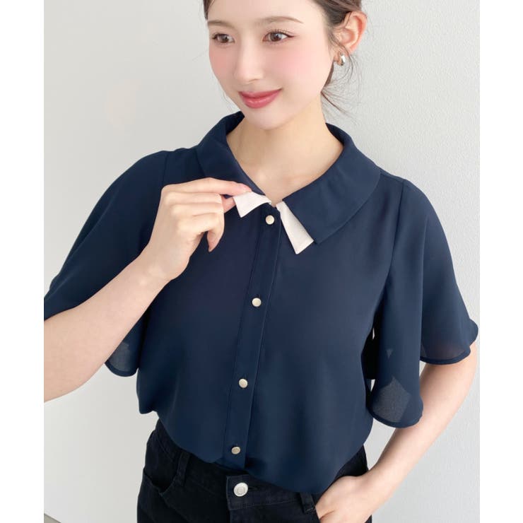 ネイビー | シフォンジョーゼットフレアスリーブ配色ダブルカラー半袖ブラウス | moment+