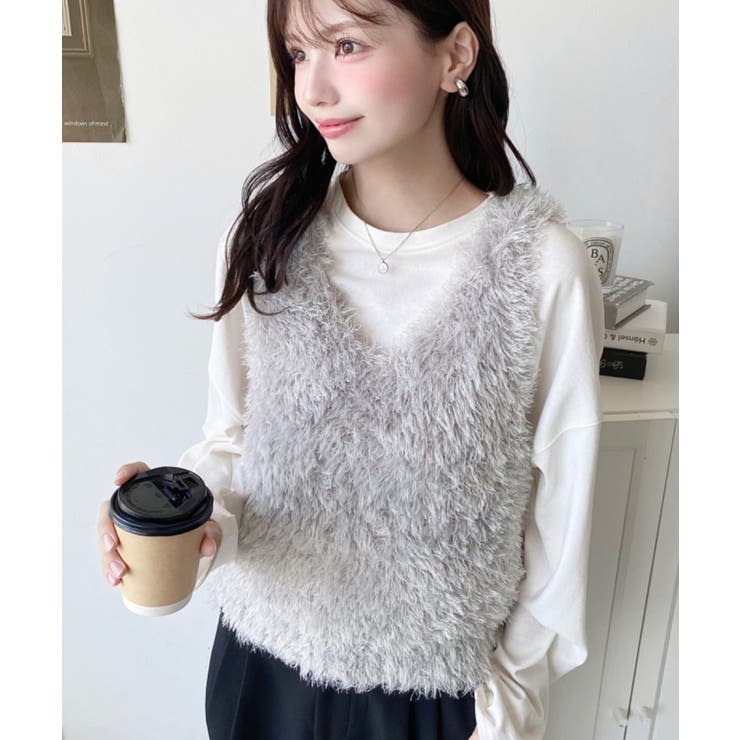 グレー | ブークレフェザーショートニットベスト | moment+