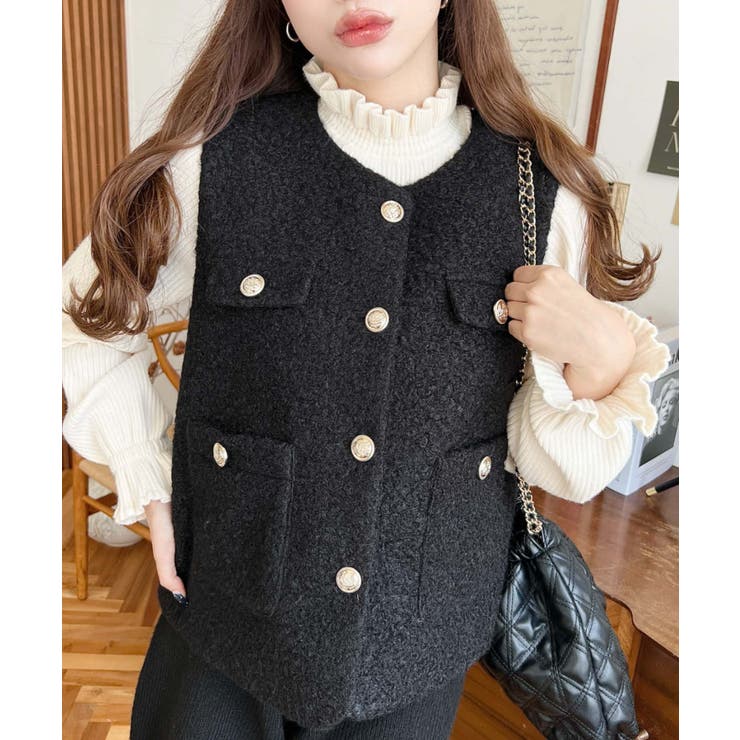 フェイクリングウール金ボタンノーカラーベスト | moment+ | 詳細画像14 