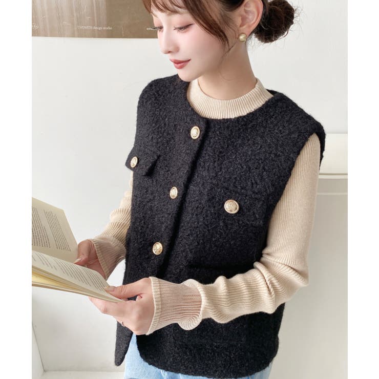 フェイクリングウール金ボタンノーカラーベスト | moment+ | 詳細画像18 