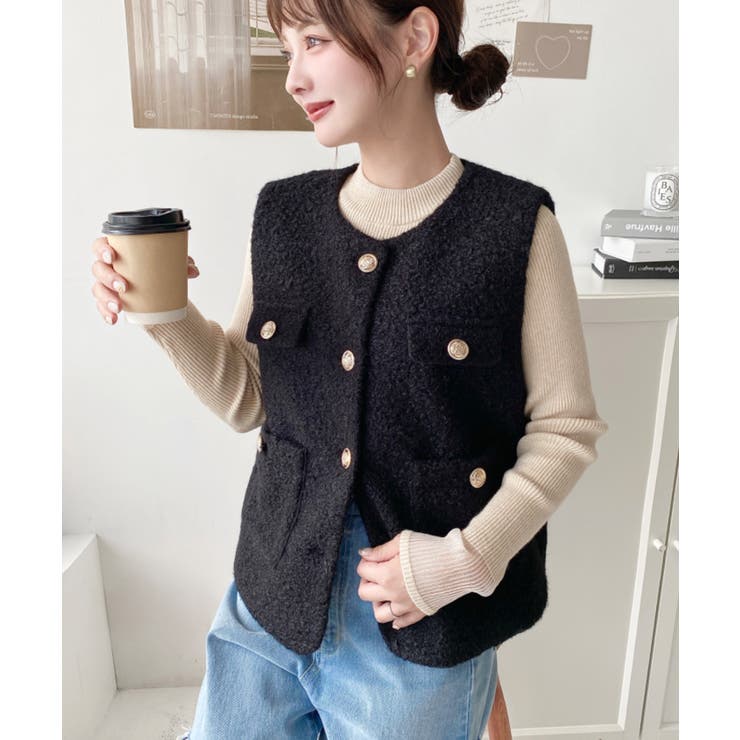 フェイクリングウール金ボタンノーカラーベスト | moment+ | 詳細画像19 