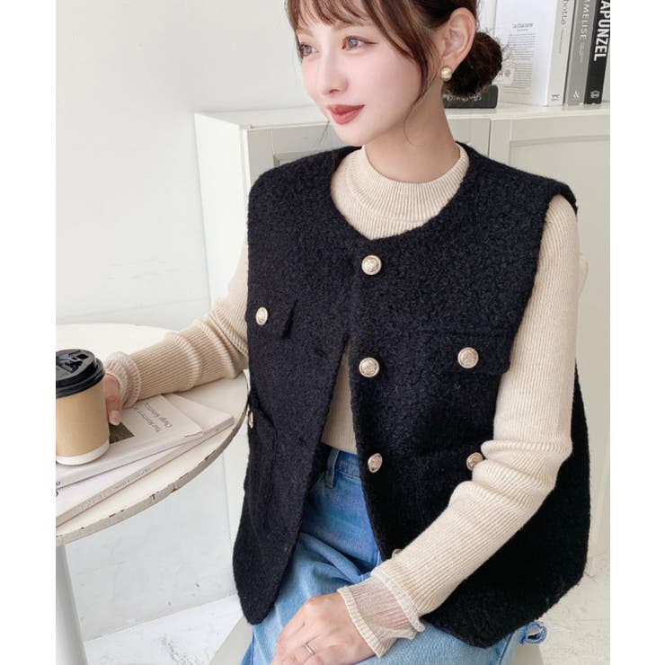 フェイクリングウール金ボタンノーカラーベスト | moment+ | 詳細画像21 