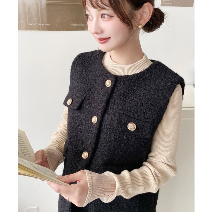 フェイクリングウール金ボタンノーカラーベスト | moment+ | 詳細画像22 