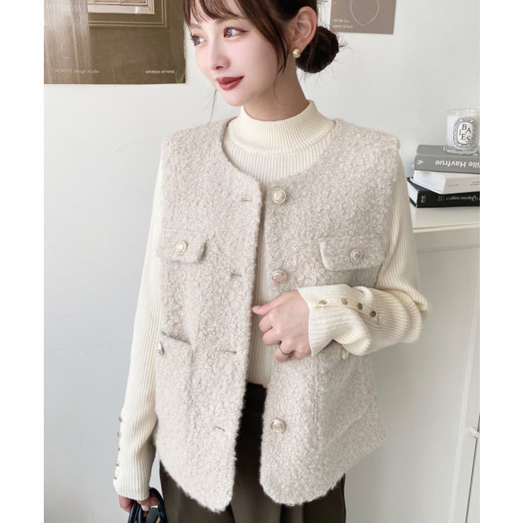 フェイクリングウール金ボタンノーカラーベスト | moment+ | 詳細画像26 