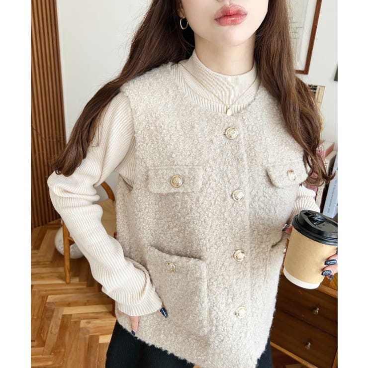 フェイクリングウール金ボタンノーカラーベスト | moment+ | 詳細画像28 