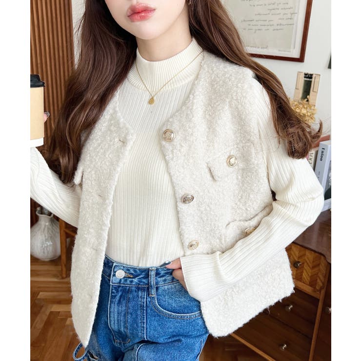 フェイクリングウール金ボタンノーカラーベスト | moment+ | 詳細画像5 