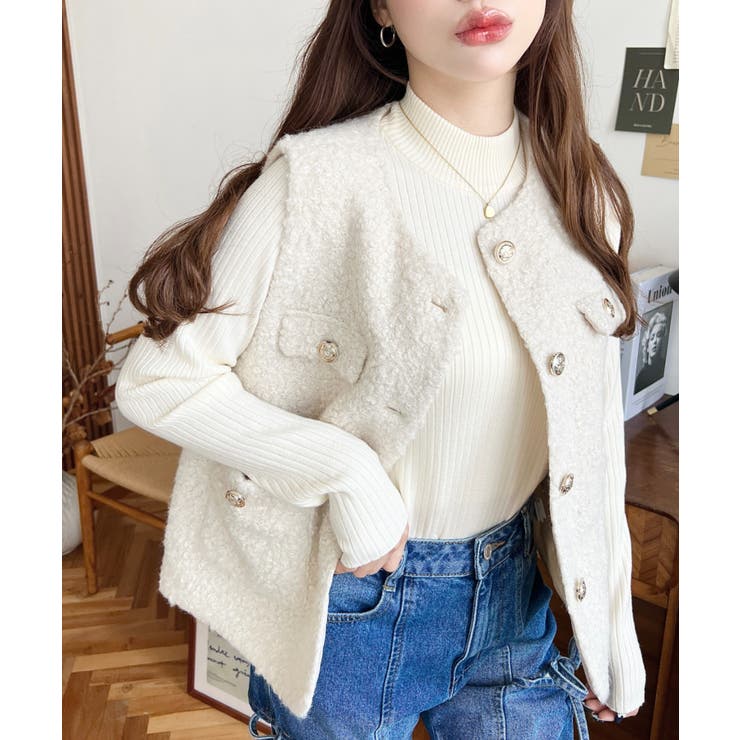 フェイクリングウール金ボタンノーカラーベスト | moment+ | 詳細画像6 