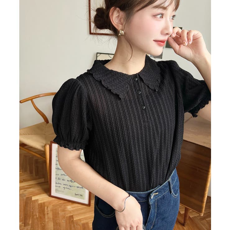 ストライプレースパフスリーブ半袖ポロシャツ | moment+ | 詳細画像15 