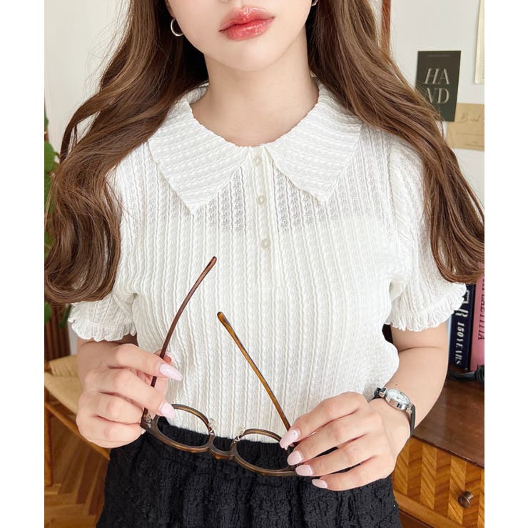 ストライプレースパフスリーブ半袖ポロシャツ | moment+ | 詳細画像2 