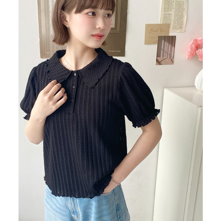 ストライプレースパフスリーブ半袖ポロシャツ | moment+ | 詳細画像20 