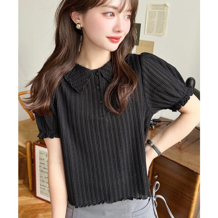 ストライプレースパフスリーブ半袖ポロシャツ | moment+ | 詳細画像24 