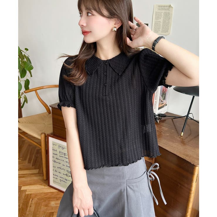 ストライプレースパフスリーブ半袖ポロシャツ | moment+ | 詳細画像28 