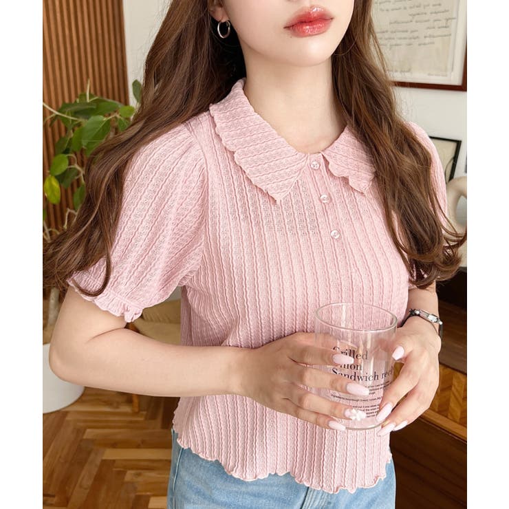 ストライプレースパフスリーブ半袖ポロシャツ | moment+ | 詳細画像29 