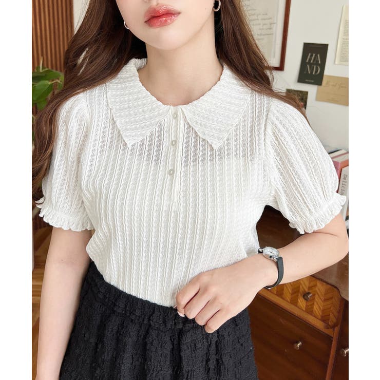 ストライプレースパフスリーブ半袖ポロシャツ | moment+ | 詳細画像3 