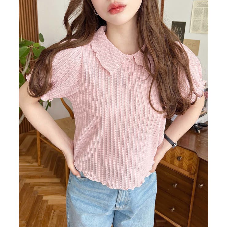 ストライプレースパフスリーブ半袖ポロシャツ | moment+ | 詳細画像31 