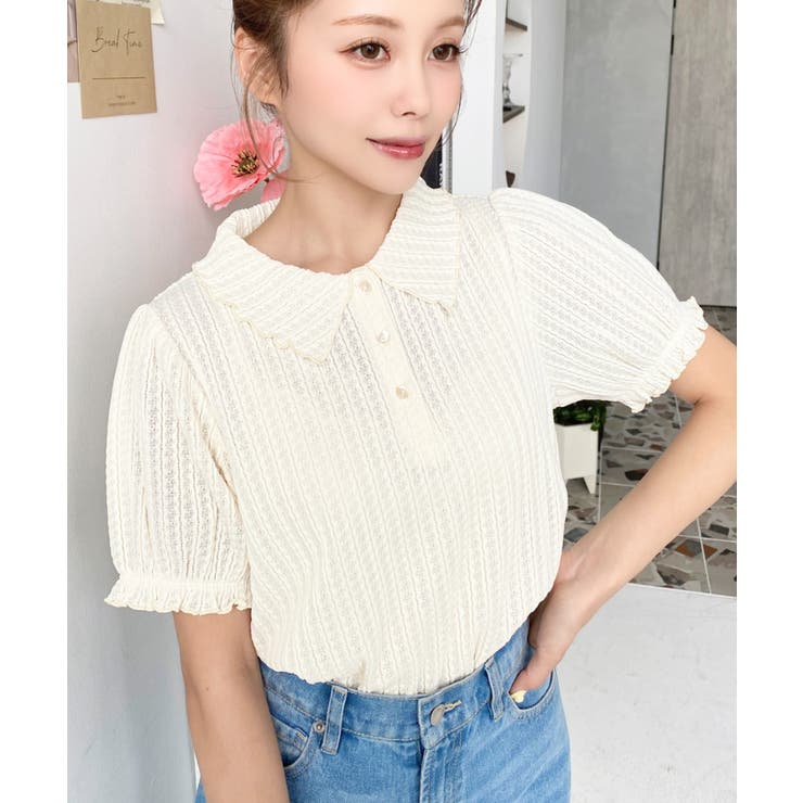 ストライプレースパフスリーブ半袖ポロシャツ | moment+ | 詳細画像34 