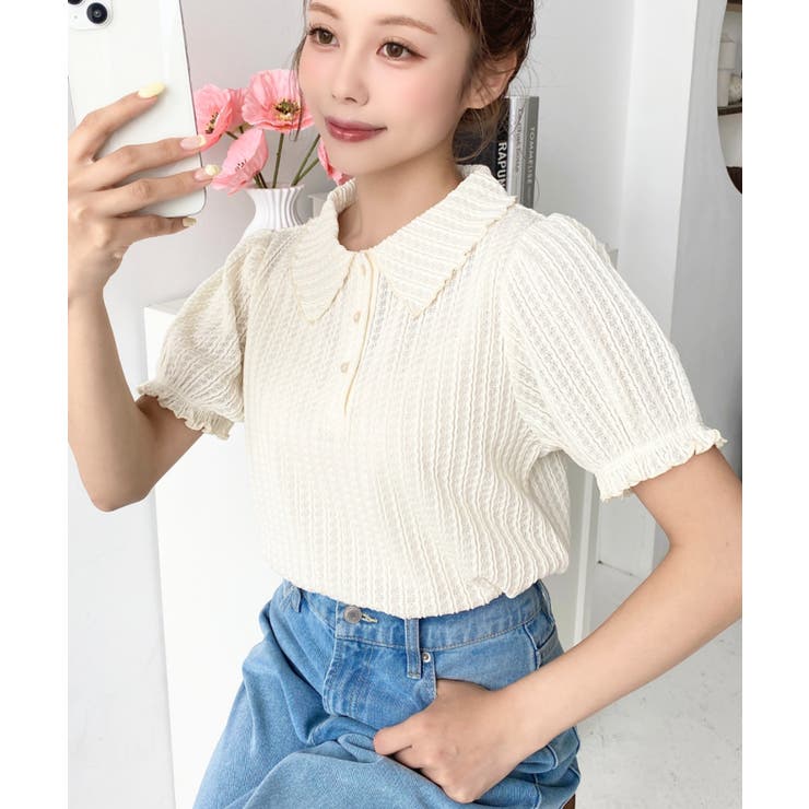 ストライプレースパフスリーブ半袖ポロシャツ | moment+ | 詳細画像35 