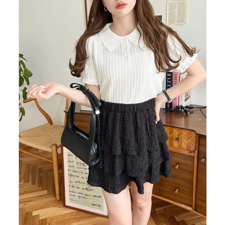 ストライプレースパフスリーブ半袖ポロシャツ | moment+ | 詳細画像4 