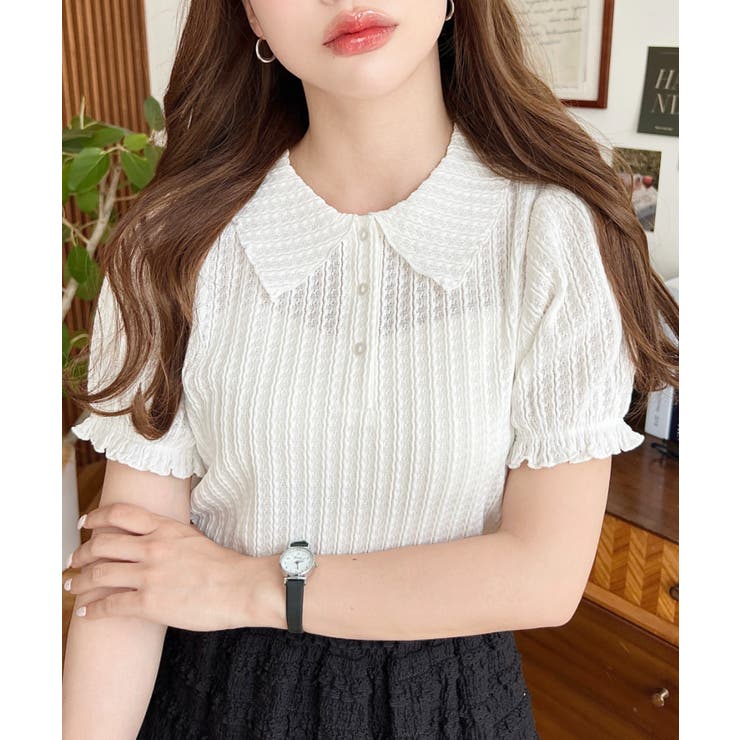 ストライプレースパフスリーブ半袖ポロシャツ | moment+ | 詳細画像5 