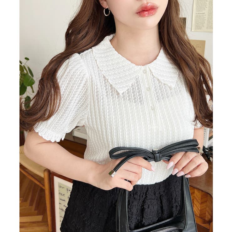 ストライプレースパフスリーブ半袖ポロシャツ | moment+ | 詳細画像6 