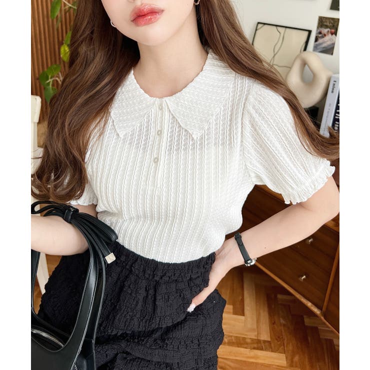 ストライプレースパフスリーブ半袖ポロシャツ | moment+ | 詳細画像7 