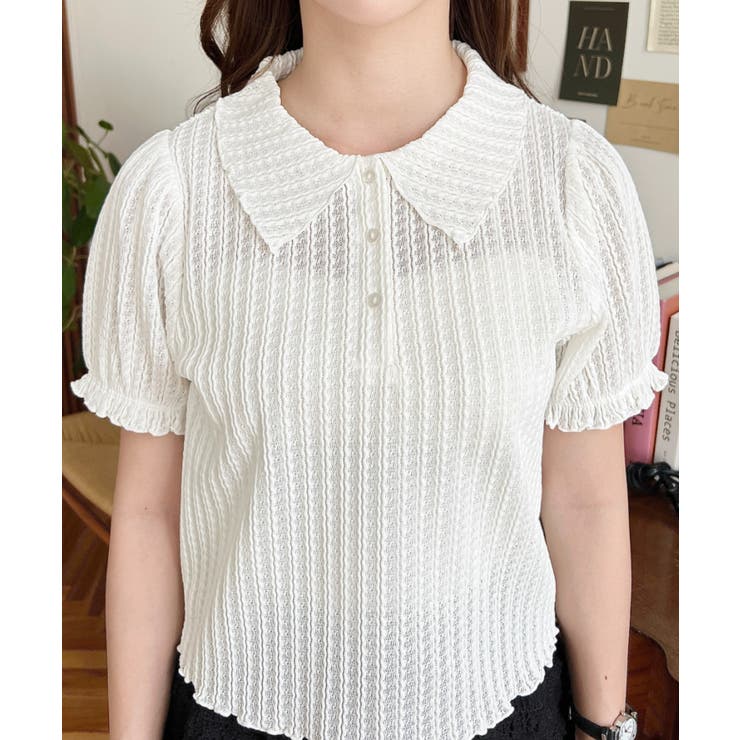 ストライプレースパフスリーブ半袖ポロシャツ | moment+ | 詳細画像9 