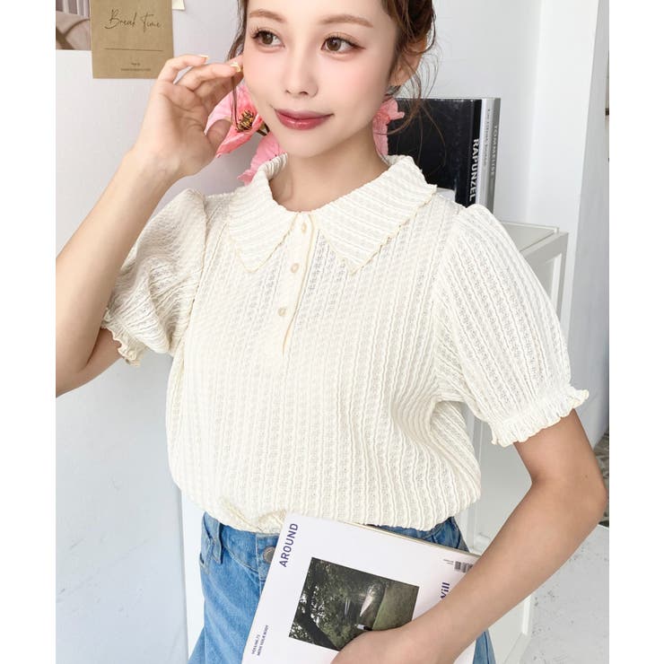 ナチュラル | ストライプレースパフスリーブ半袖ポロシャツ | moment+