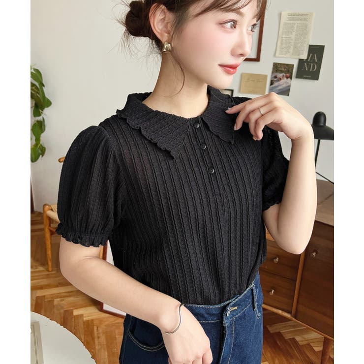 ブラック | ストライプレースパフスリーブ半袖ポロシャツ | moment+